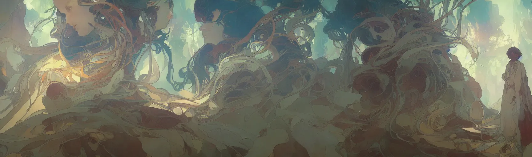 Prompt: a beautiful painting of a science fiction landscape, dynamic composition, dramatic, atmospheric, by alfons maria mucha and julie dillon and makoto shinkai