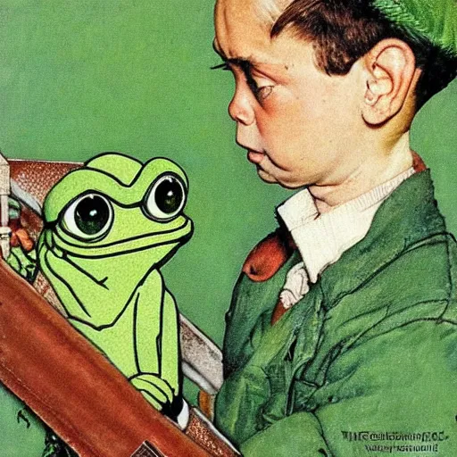 Prompt: pepe the frog home from vacation by norman rockwell