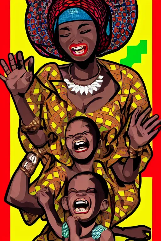 Image similar to mama africa laugh at her child!!! pop art, pixel, bioshock, gta chinatown, artgerm, richard hamilton, mimmo rottela, julian opie, aya takano, avoid object duplicate!!! avoid object stick to each other!!!