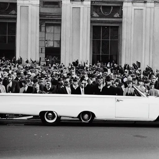 Prompt: crowd of people with guns stand at the roadside watching jfk motorcade, photo, filmic, 1960s, black and white