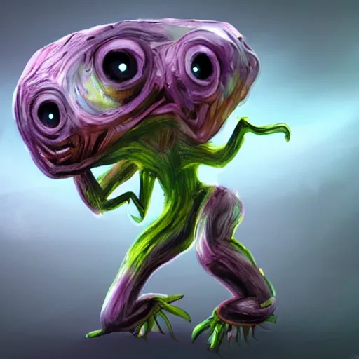 Prompt: cute anthropormorphic unusual alien plant creature with big eyes and leafy arms and legs character concept detailed painting 4 k