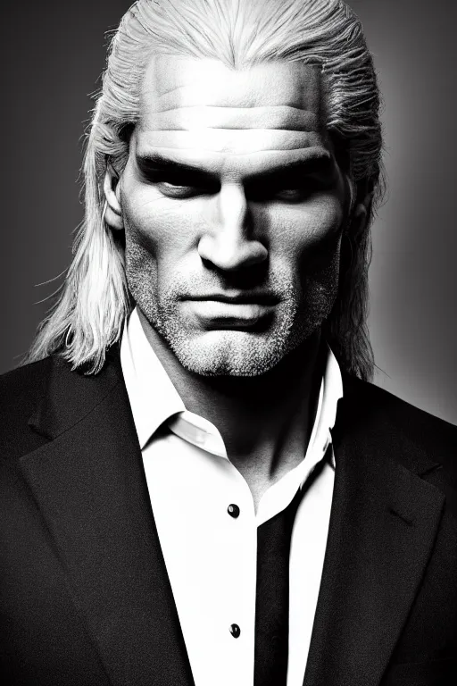 Image similar to portrait of geralt of rivia wearing a tuxedo, 5 5 mm lens, professional photograph, black and white, times magazine, serious