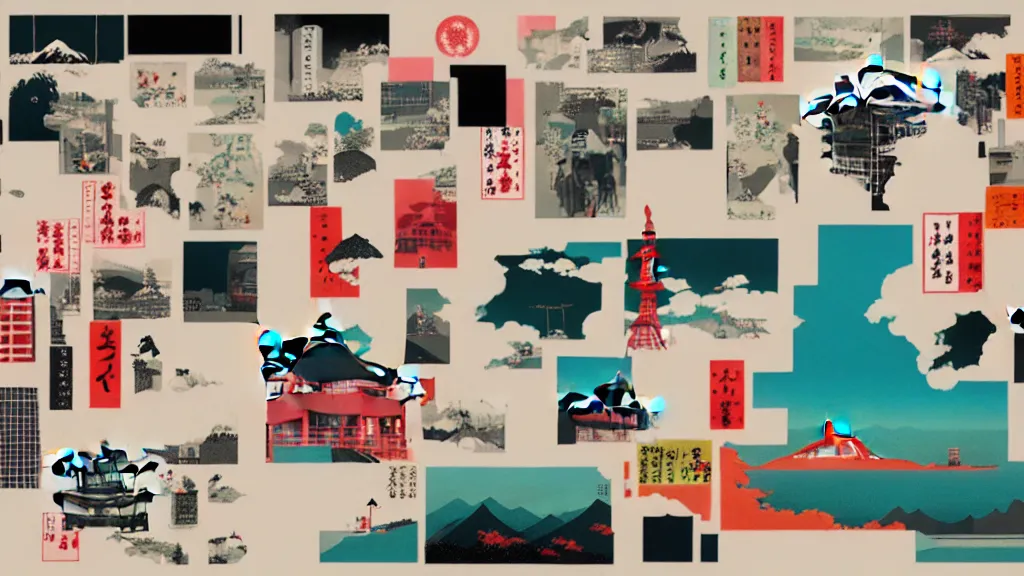 Image similar to japan, a collage painting, in the style of wes anderson, lola dupre, david hockney, isolated on negative white space background dark monochrome neon spraypaint accents volumetric octane render