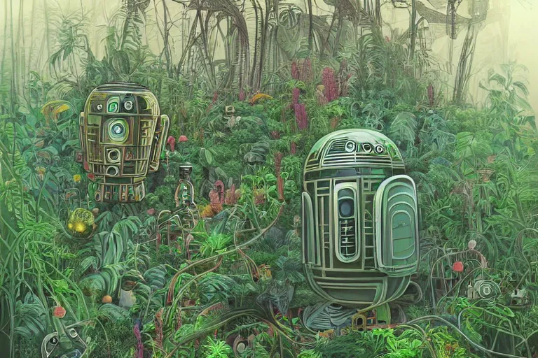 Prompt: surreal line art by ivan ayvazosky and ricardo bofill!!, a lot of jungle flowers and plants + poison toxic mushrooms surrounded by cables + long grass + broken droid + garden dwarf + mystic fog, 5 0's vintage sci - fi style, rule of third!!!!, line art, 8 k, super detailed, high quality