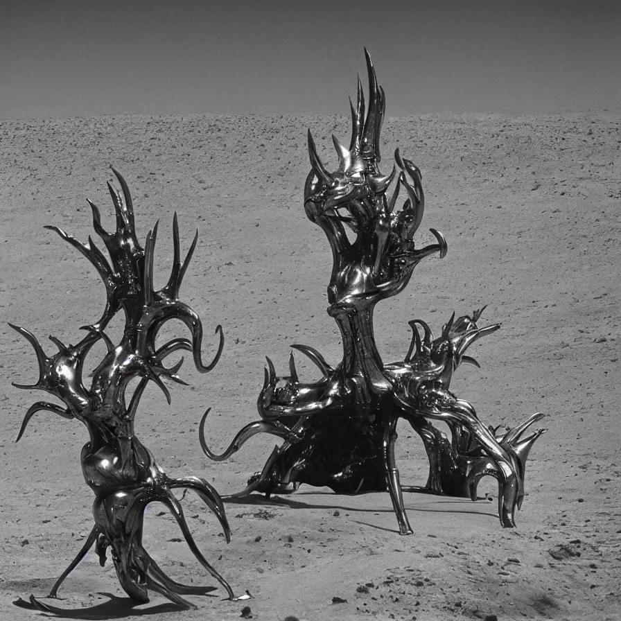 Prompt: salvador dali wearing a golden horned crown and jewels in a dry sand desert landscape, alien spaceship by giger in the landscape, film still from the movie by alejandro jodorowsky with cinematogrophy of christopher doyle and art direction by hans giger, anamorphic lens, kodakchrome, very detailed photo, 8 k