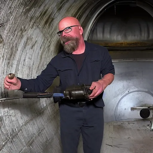 Image similar to Jamie Hyneman tinkering with an ICBM in a missile silo