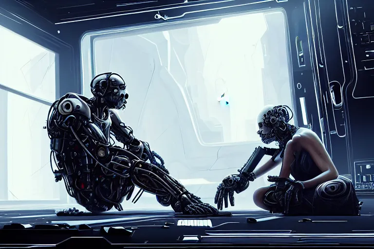 Prompt: Ultra realistic illustration, beautiful alluring damaged combat cyborg sitting on the floor of a crashed spaceship while being put back together in an super advanced military medical bay, discussing with other alluring cyborgs how to handle humans, cyberpunk, sci-fi, fantasy, intricate, elegant, highly detailed, digital painting, artstation, concept art, smooth, sharp focus, illustration, art by artgerm and greg rutkowski and alphonse mucha