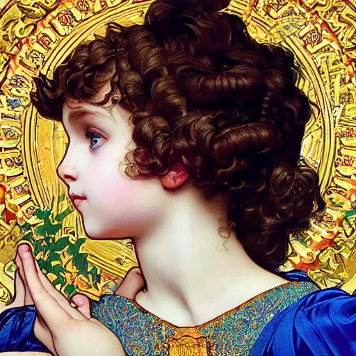 Image similar to a little girl with short wavy curly light brown hair and blue eyes, a space empress in byzantine style. beautiful highly detailed face, painting by ilya kuvshinov and alphonse mucha