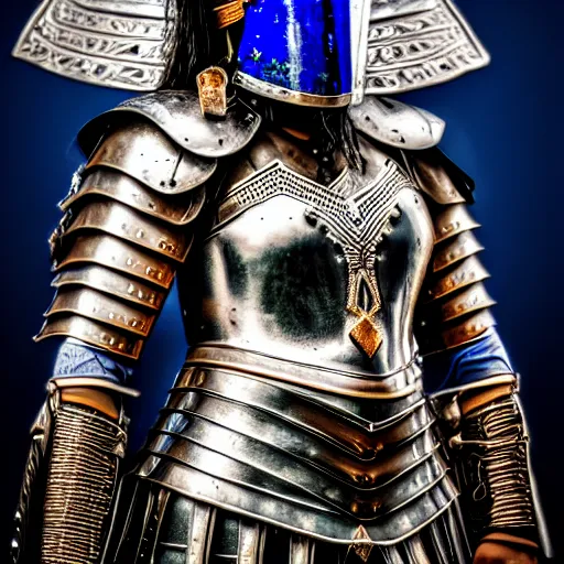 Prompt: photo of a beautiful warrior with lapis lazuli armour, highly detailed, 4k, HDR,