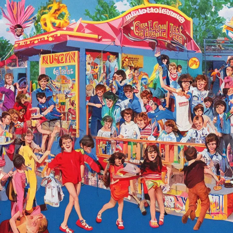 Prompt: kids who snuck out meeting at the carnival, detailed 1980s realistic advertising illustration