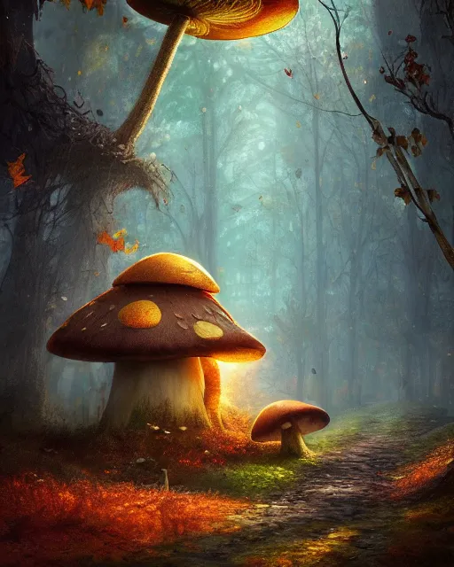 Image similar to a tall cute mushroom house in a magical forest in autumn, cinematic, stunning, adorable, artstation, smooth, hard focus, illustration, art by jessica rossier and and brian froud