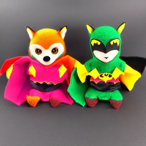 Image similar to cute sock puppet fox dressed as batman, kawai, wool, photorealistic, very detailed, eating crayons, 4 k