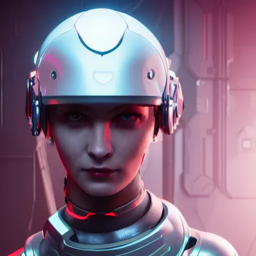 Image similar to portrait of a cyborg woman in white sci - fi helmet stylized as cyberpunk 2 0 7 7 style game design fanart by gervasio canda, greg rutkowski, shishkin, neon glow, volumetric illumination, ray tracing, cryengine, hdr render in unreal engine 5