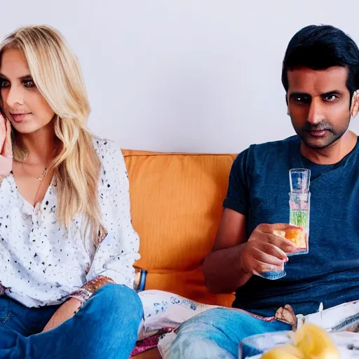 Prompt: indian guy and blonde swedish girl drinking gin and tonics on the couch