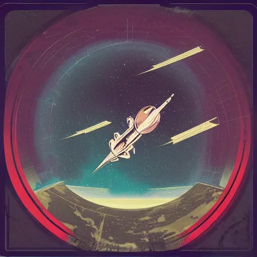 Image similar to “retro sci fi poster depicting a space station in orbit. In the style of stoner rock album.”