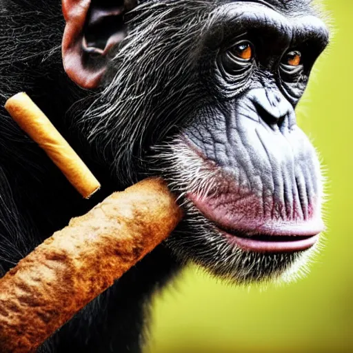 Image similar to a high detail closeup shot of a chimp wearing a suit and smoking a cigar