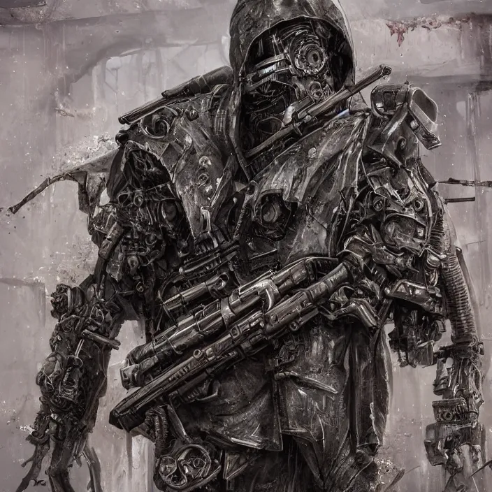 Image similar to gritty hooded apocalyptic cyborg shouldering laser - rifle, destroyed machinery, hyper - detailed, sharp focus, 4 k ultra hd, fantasy dark art, apocalyptic art