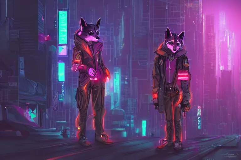 Prompt: a transhuman fox fursona in a cyberpunk city, trending on artstation, by kawacy, neon backlighting, furry art