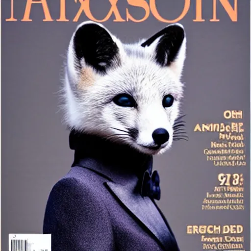 Prompt: fashion magazinecover of an anthropomorphic Arctic Fox wearing a fancy tuxedo