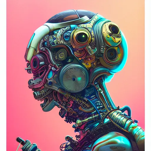 Prompt: high quality high detail biomechanical portrait of diesel punk in an alien world, tristan eaton, victo ngai, artgerm, rhads, ross draws, hyperrealism, intricate detailed, alphonse mucha, 8 k, sci - fi, pastel colors, artstation,