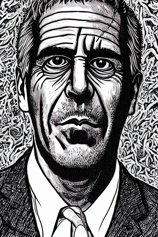 Image similar to Jeffrey Epstein full body portrait, body horror, black and white Illustration by Junji Ito