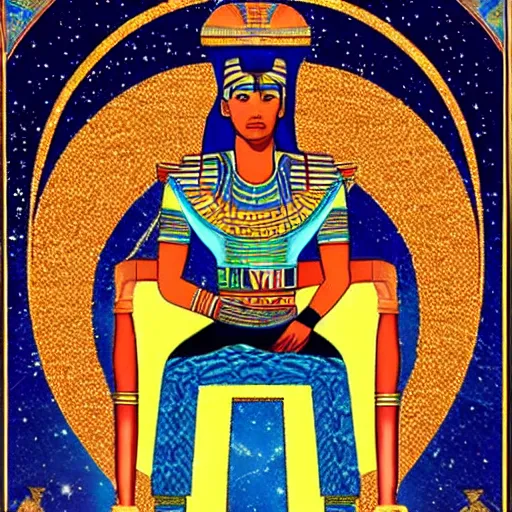 Image similar to handsome egyptian prince sitting on a floating throne, guided by thoth, in outer space, galaxies