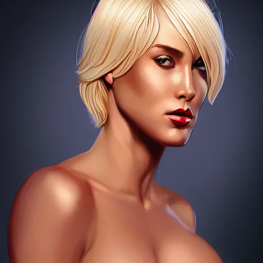 Image similar to a stunning upper body portrait of a beautiful woman with waving bleach blonde hair by marvel comics, digital art, trending on artstation