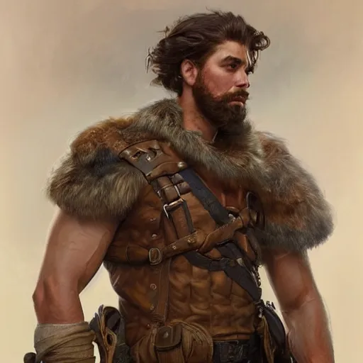 Image similar to portrait of a young rugged ranger, muscular, upper body, hairy torso, D&D, fantasy, intricate, cinematic lighting, highly detailed, digital painting, artstation, concept art, smooth, sharp focus, illustration, art by Artgerm and Greg Rutkowski and Alphonse Mucha