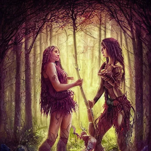 Prompt: sensual girl warrior making a ritual with her daughter in a magical forest by leesha hannigan, fantasy, highly detailed faces, artwork