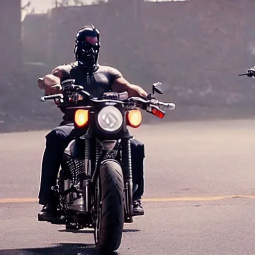 Image similar to VFX movie of Mark Zuckerbeg plays Terminator, rides a Harley motorobike, action scene be Emmanuel Lubezki