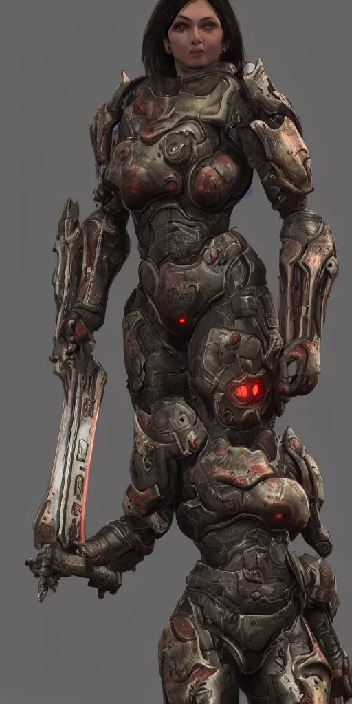 Image similar to female doom slayer extreme details epic dramatic realistic unreal engine render