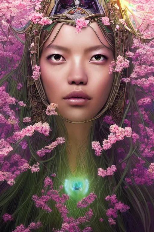 Prompt: portrait of Lalisa Manobal as a Celestial Goddess of a futuristic princess, inside future fighter, sci-fi, fantasy, intricate, lush garden spaceship with sakura season flowers, elegant, human anatomy, royal green and nature light, highly detailed, digital painting, artstation, concept art, smooth, sharp focus, illustration, art by tian zi and WLOP and alphonse mucha