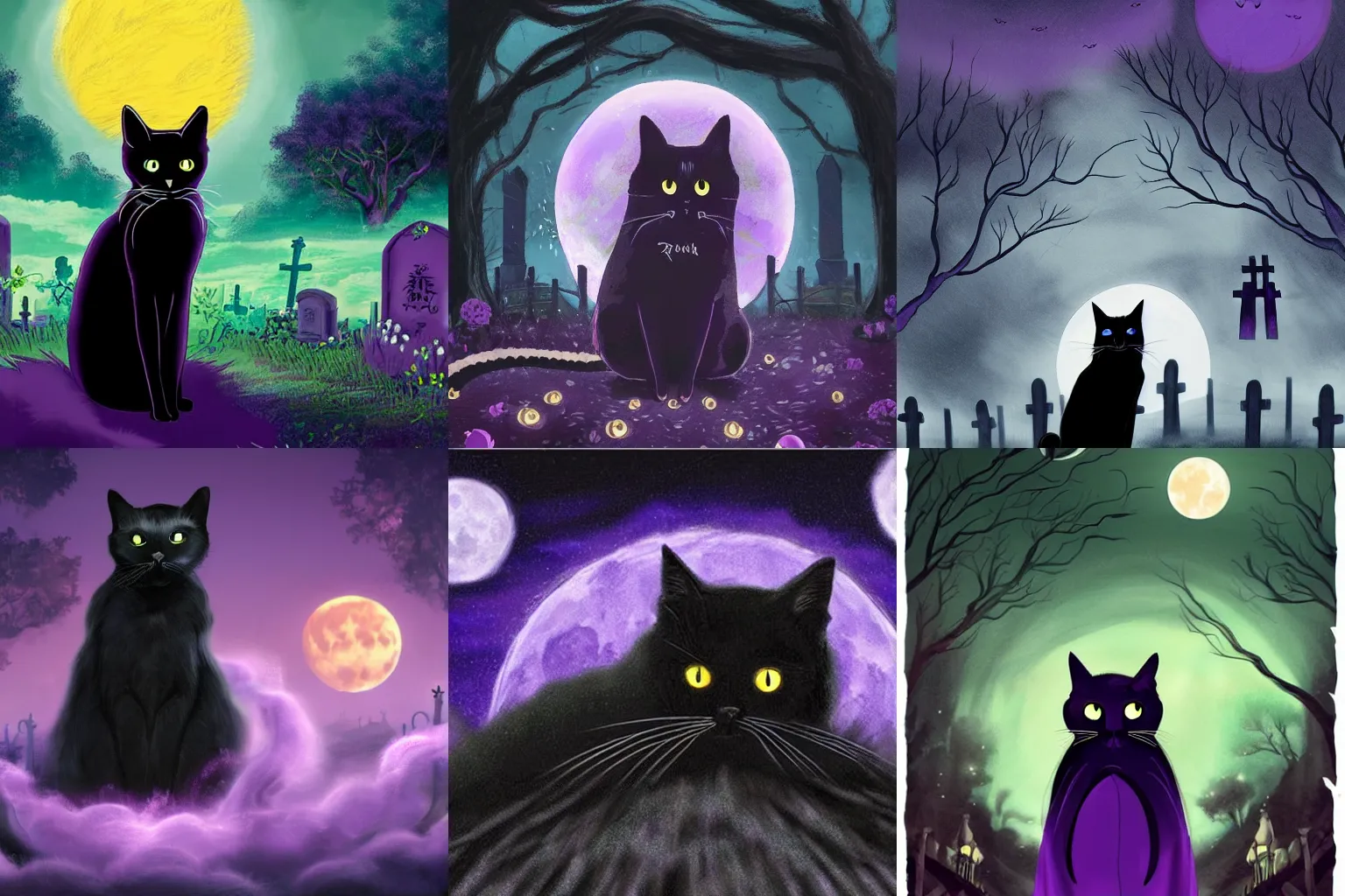 Prompt: a black cat wearing cloak with purple mist swirling around it's feet in a graveyard at night with full moon in the sky, in the style of studio ghibli hyper realistic, detailed, masterpiece, award winning, 8 k hd