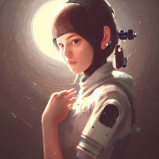 Image similar to portrait of a beautiful cute girl with robot ears by greg rutkowski, 4k, intricate details, coffee and stars background