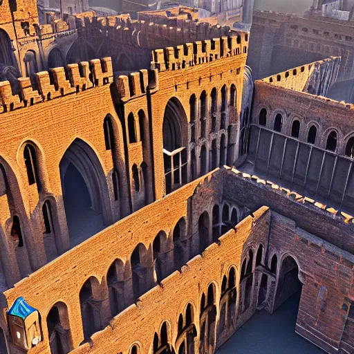 Prompt: Aerial long shot of epic medieval city of epic stone-brick buildings with european arched doorways, crenellated balconies, wood ornaments, flagpoles, tiny ornate windows, planned by Syd Mead, Arnold Render, Quixel Megascans