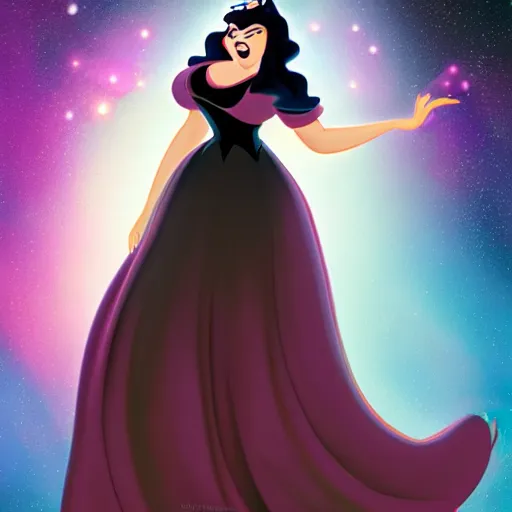 Prompt: Disney art, big goth GF floating in the endless void, past planets and stars, she is huge, light-years in size