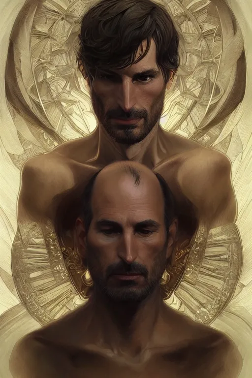 Image similar to portrait of king steve jobs, forest, godlike, upper body, fantasy, intricate, elegant, highly detailed, digital painting, artstation, concept art, sharp focus, illustration, art by artgerm and greg rutkowski and alphonse mucha