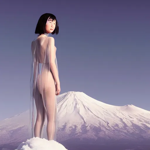 Image similar to a instax photo of fuji mountain, a tall japanese girl in a transparent sheer fabric dress against the background of fuji mountain, severe snow, full body shot, perfect symmetrical body, perfect symmetrical face, coherent symmetrical eyes, by peter kemp, by monia merlo, hyperrealistic, hyperdetailed, octane render, 8 k