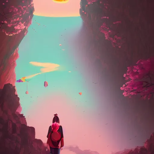 Image similar to giant cherry blossom flower as a head, girl walking in a canyon, surreal photography, sunrise, dramatic light, impressionist painting, colorful clouds, digital painting, artstation, simon stalenhag