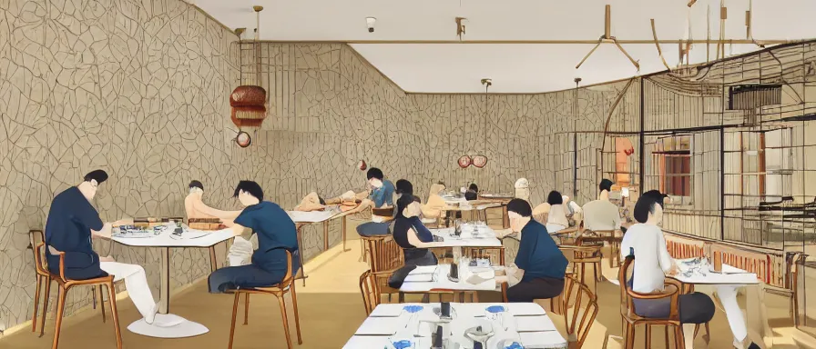 Image similar to a beautiful interior view illustration of a small roasted string hotpot restaurant in yan'an city, in the wall corner, chinese mountain architecture, restaurant wall paper is tower and mountain, rectangle white porcelain table, people are eating, black chair, animation illustrative style, from china, simple style structure decoration design, victo ngai, james jean, 4 k hd