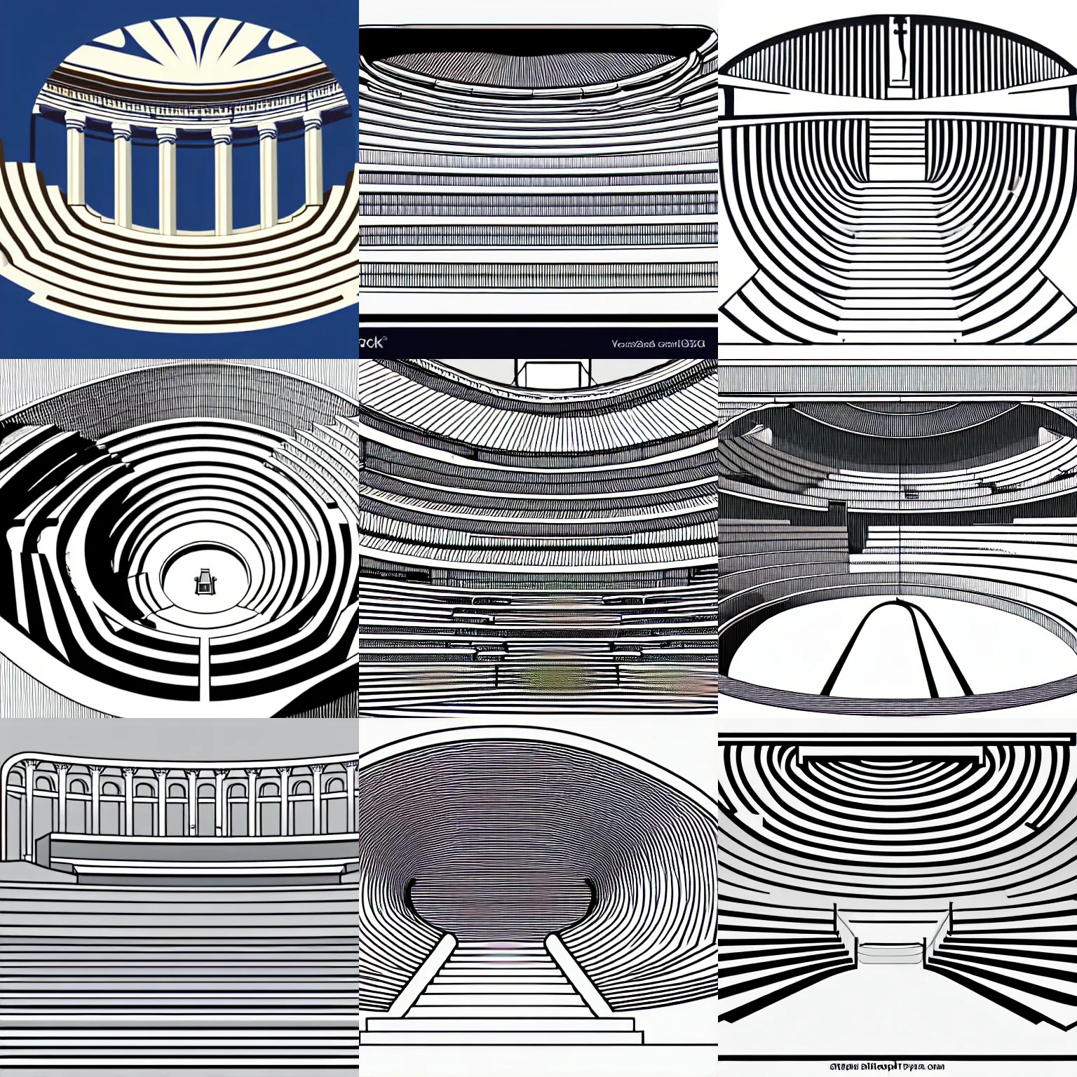 Prompt: a stephen biesty cross - section through the stairs of a simplified smooth shaded ancient greek amphitheater in the style of pavlov visuals, precise! vector trace, 3 / 4 extra - wide shot, occlusion, white background