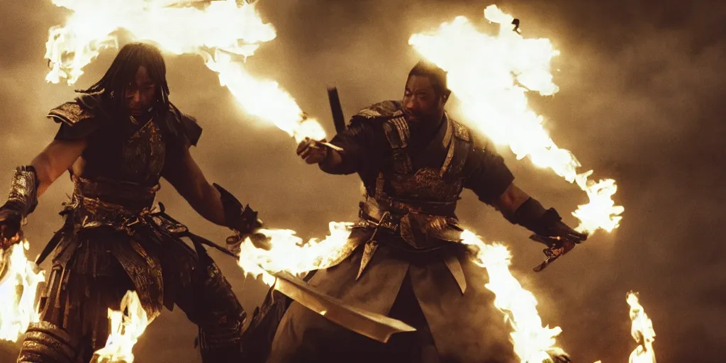 Image similar to a film still of a black man starring in a japanese blockbuster film as ancient evil samurai with fire powers, shallow depth of field, cinematic, award winning cgi, vfx, film still