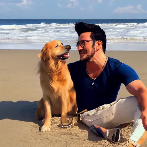 Image similar to markiplier sitting on the beach with a golden retriever. photograph. low angle. high quality.