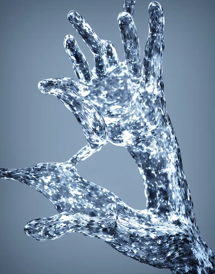 Image similar to crystal hand coming out of water 3d render, octane render, photorealistic highly detailed aesthetic