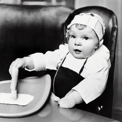 Image similar to Richard Nixon wearing a babies bonnet, sitting in a high chair, photorealistic, detailed, 1960s