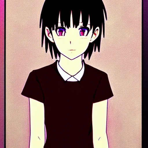 Prompt: headshot anime portrait of lain iwakura, vaporwave