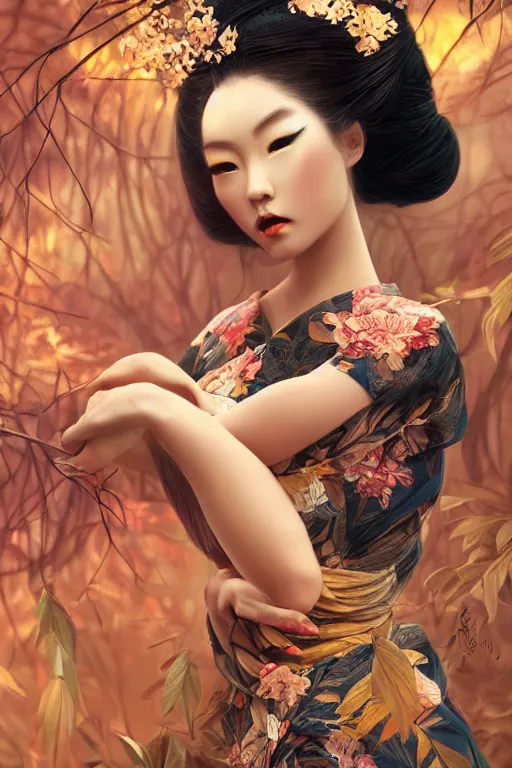 Image similar to stunningly beautiful, geisha prima ballerina in jungle, symmetrical face, golden hour, smooth, focus, highly detailed, hyper realistic, dramatic lighting, elegant, intricate, concept art, art by wlop, mars ravelo, greg rutowski, artstation