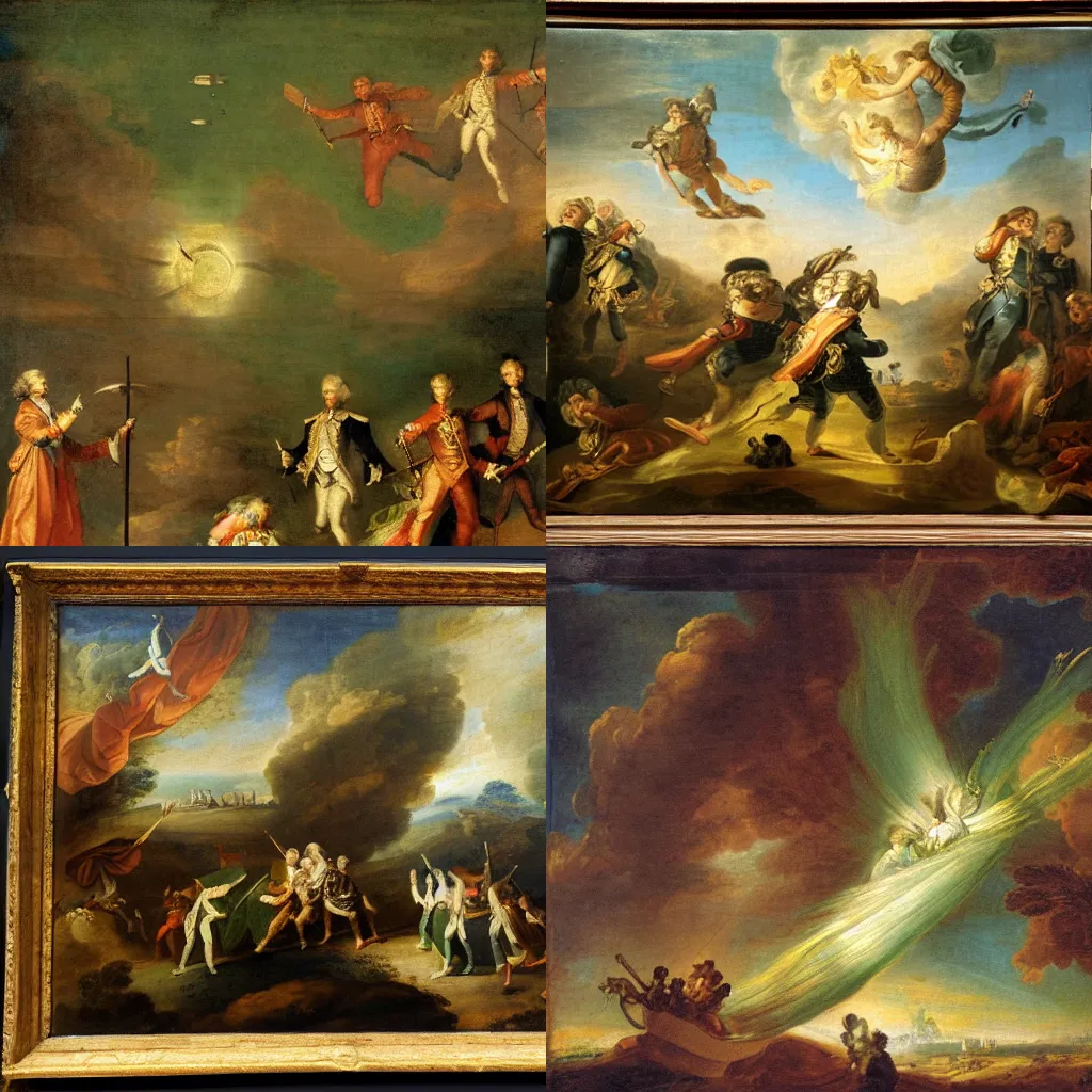 Prompt: 18th century historical painting representing green aliens on spacecraft arriving to the earth, royal commission, by Joshua Reynolds, Hermitage museum catalog photography,