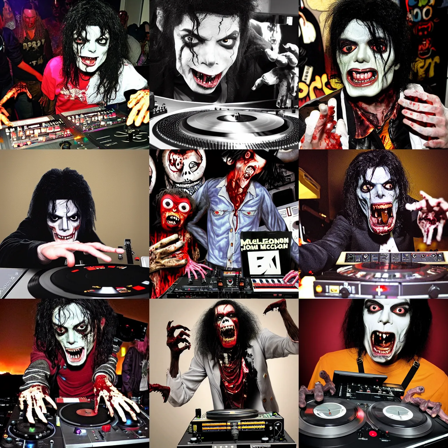 Prompt: Zombie Michael Jackson with his zombie monkey DJing with DJ turntables, photoreal