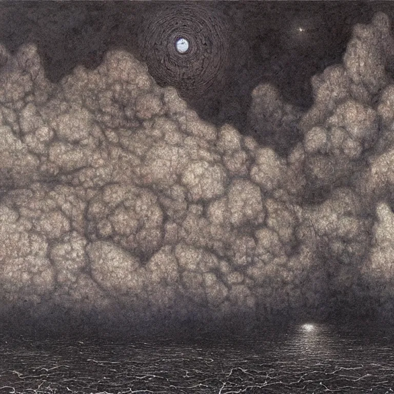 Image similar to lovecraftian sky, detailed, by beksinski, jean jean delville